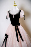 Tulle Beading Black Velvet A Line Pink Prom Dress