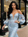 Light Blue Lace Long Sleeve Sweetheart Trumpet Mermaid Prom Dress