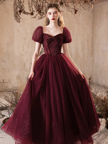 Sparkle Tulle A-Line Short Sleeve Burgundy Prom Dress