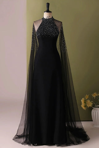 Beading A Line Black Halter Evening Dress with Cape