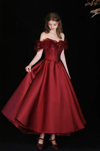 Satin Tea Length A Line Burgundy Prom Dress