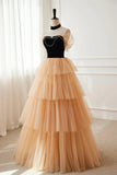 Black Champagne Tulle Off The Shoulder Prom Dress