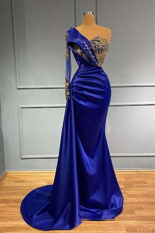 One Shoulder Satin Long Sleeves Mermaid Prom Dress