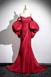 Ruched Trumpet Mermaid Detachable Sleeves Burgundy Satin Prom Dress