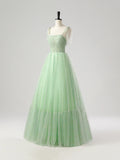 Light Green Tulle Spaghetti Strap Sequin Prom Dress