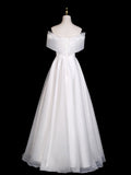 Off Shoulder Organza A Line White Ruched Wedding Dress