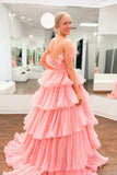 Pink Tulle Pleats Strapless Layers Prom Dress