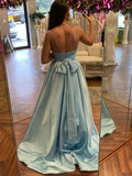 Backless V Neck Blue Satin Prom Dress with Pocket