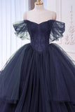 Layers Navy Blue Tulle Off The Shoulder A Line Prom Dress