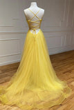 Draped Bodice A-Line Yellow Tulle Prom Dress
