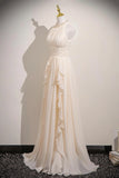 Halter Ruffles A Line Chiffon Champagne Prom Dress