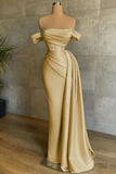 Off The Shoulder Satin Mermaid Champagne Draped Train Prom Dress