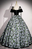 Velvet Floral Print Satin Black Prom Dress
