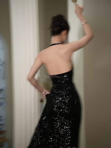 A Line Keyhole Cut Out Halter Sequin Black Prom Dress Custom Made / Black A Line Keyhole Cut Out Halter Sequin Black Prom Dress Custom Made / Black