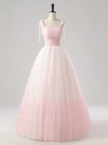 Spaghetti Strap Tulle Sequin Pink A Line Prom Dress