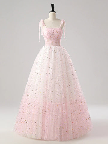 Spaghetti Strap Tulle Sequin Pink A Line Prom Dress