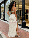Straps A Line Lace Beading Champagne Cut Out Prom Dress With Slit