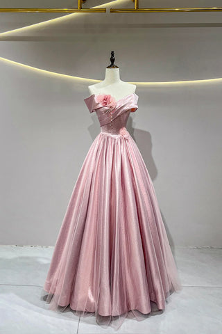 A-Line Satin Floor Length Flower Pink Prom Dress