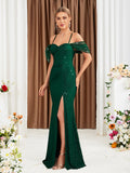 Dark Green Sequin Sheath Prom Dress With Slit