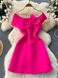 Large Bow Flattering Fit Pink Off-Shoulder Dress