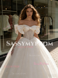 Ball Gown Bow Off The Shoulder Tulle Lace Wedding Dress