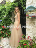 High Neck Tulle A Line Beading Champagne Prom Dress