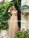 High Neck Tulle A Line Beading Champagne Prom Dress