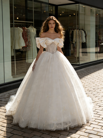 Ball Gown Bow Off The Shoulder Tulle Lace Wedding Dress