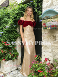 Off The Shoulder Trumpet Mermaid Gold Sequin Velvet Prom Dress
