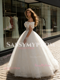 Ball Gown Bow Off The Shoulder Tulle Lace Wedding Dress