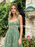 Green Spaghetti Straps Tulle Print Layers Prom Dress
