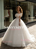Ball Gown Bow Off The Shoulder Tulle Lace Wedding Dress