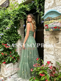 Green Spaghetti Straps Tulle Print Layers Prom Dress