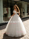 Ball Gown Bow Off The Shoulder Tulle Lace Wedding Dress