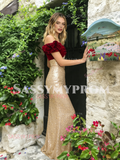 Off The Shoulder Trumpet Mermaid Gold Sequin Velvet Prom Dress