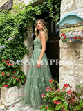 Green Spaghetti Straps Tulle Print Layers Prom Dress