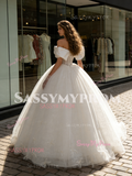 Ball Gown Bow Off The Shoulder Tulle Lace Wedding Dress