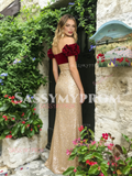 Off The Shoulder Trumpet Mermaid Gold Sequin Velvet Prom Dress