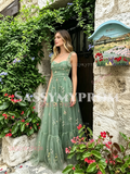 Green Spaghetti Straps Tulle Print Layers Prom Dress