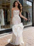 Strapless Lace Bow Trumpet Mermaid Wedding Dress