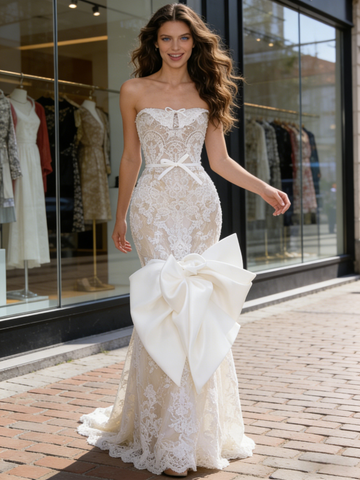 Strapless Lace Bow Trumpet Mermaid Wedding Dress