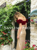 Off The Shoulder Trumpet Mermaid Gold Sequin Velvet Prom Dress