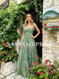 Green Spaghetti Straps Tulle Print Layers Prom Dress
