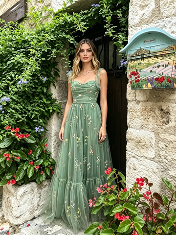 Green Spaghetti Straps Tulle Print Layers Prom Dress