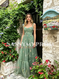 Green Spaghetti Straps Tulle Print Layers Prom Dress