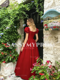 Red Satin Puffy Sleeve A Line Pearl Square Prom Dress