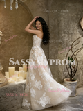 Appliques Tulle Strapless Champagne Lace A Line Wedding Dress