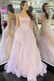 Pink Spaghetti Straps Sparkle Tulle A-Line Prom Dress