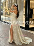 Strapless Tulle A Line Champagne Tassel Prom Dress With Slit