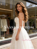 Satin A Line Tulle Strapless Flower Wedding Dress